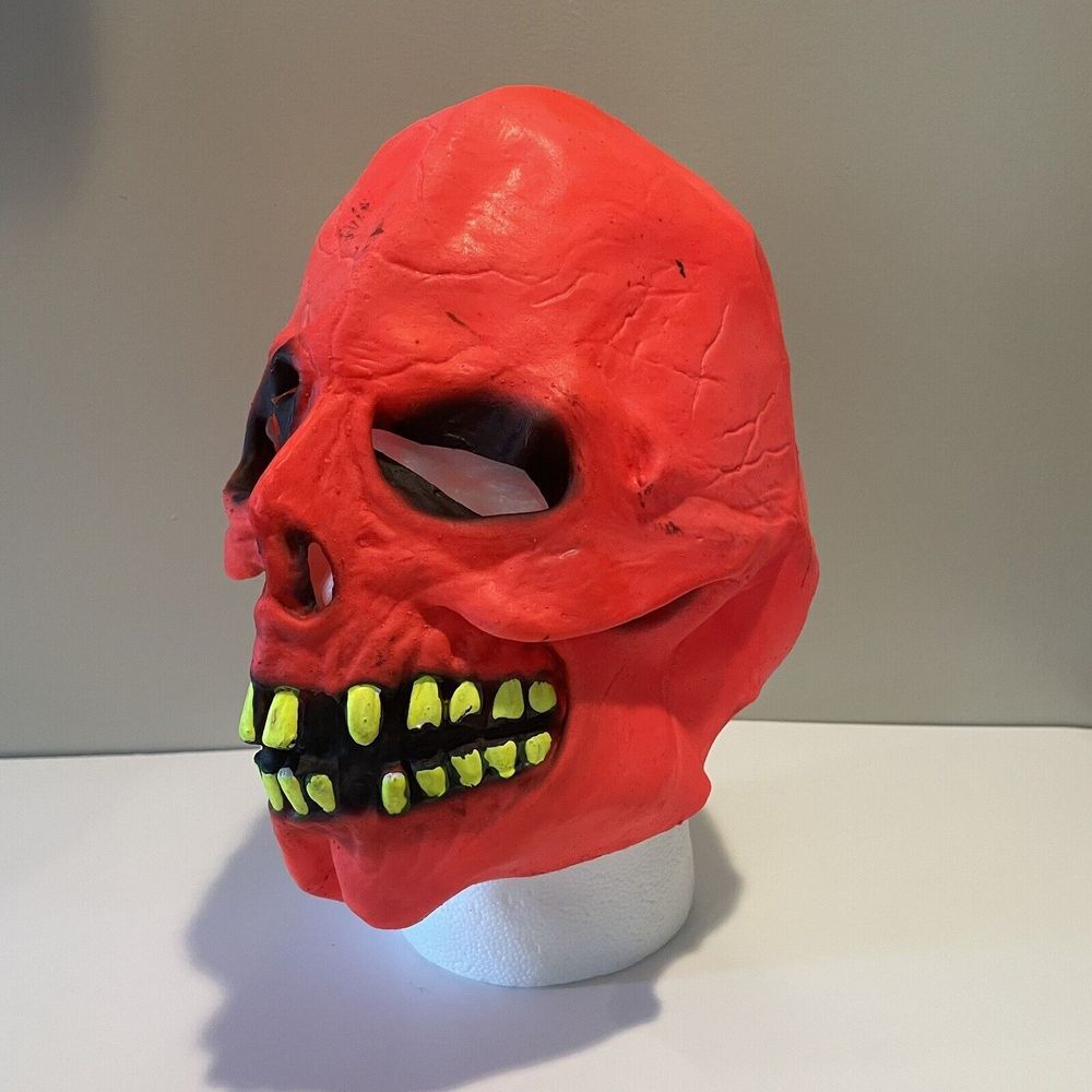 Vintage Gemmy Neon Orange Skull Halloween Mask‎ Adult One Size
